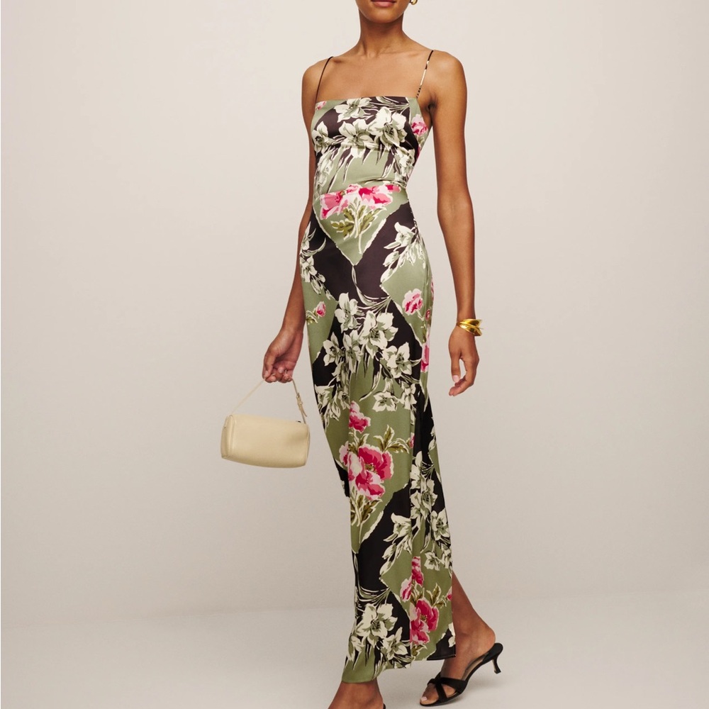 Reformation Slip Maxi Dress in Olive and Black